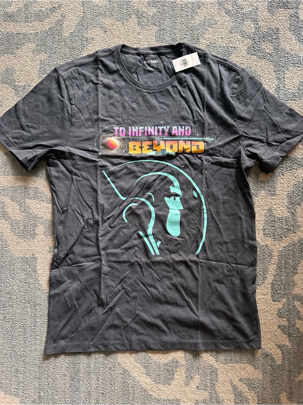 Old Navy Dark Gray Graphic Tee with Teal & Yellow Accents, size medium